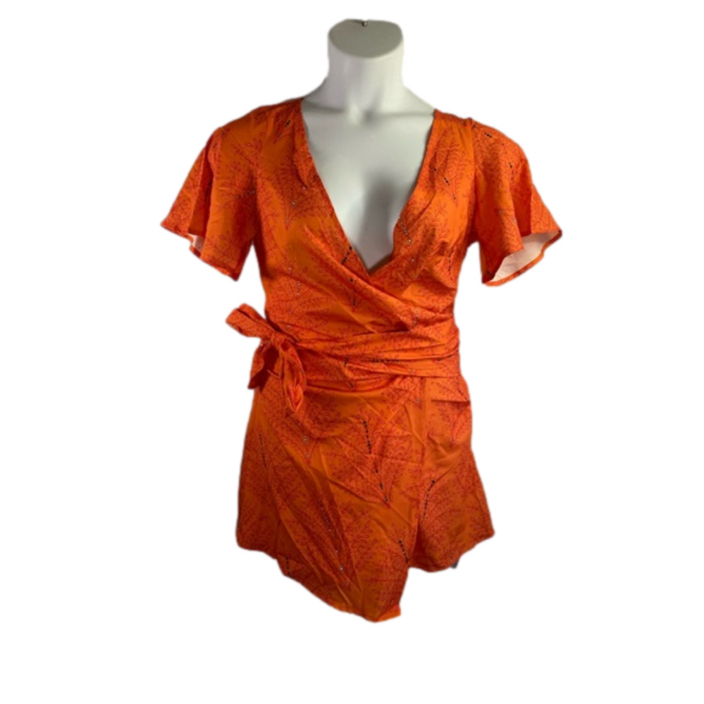 CUPSHE Orange Floral Faux Wrap Romper NWT Size Small SKU0355